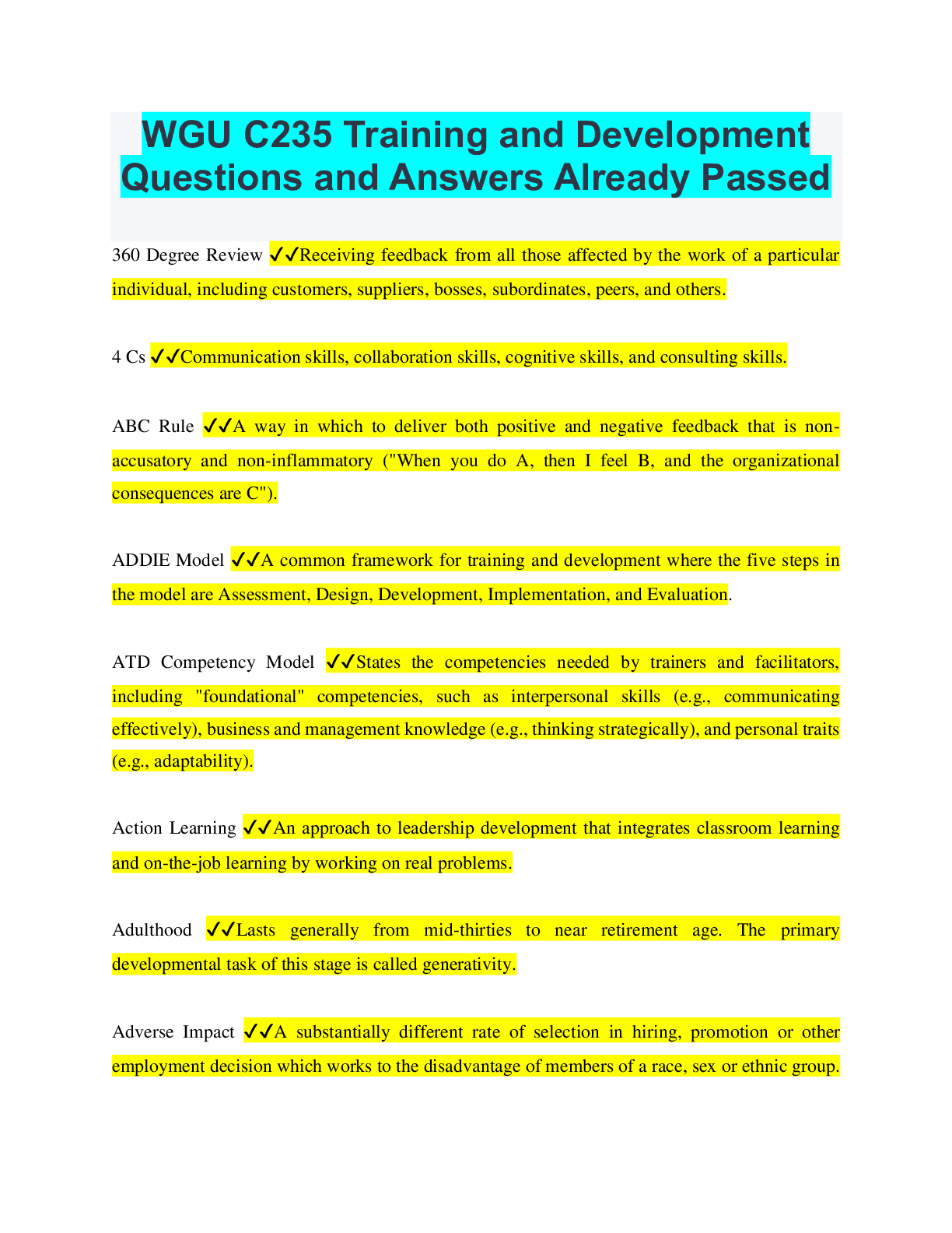 Preview of WGU C235 Training and Development Questions and Answers Already Passed